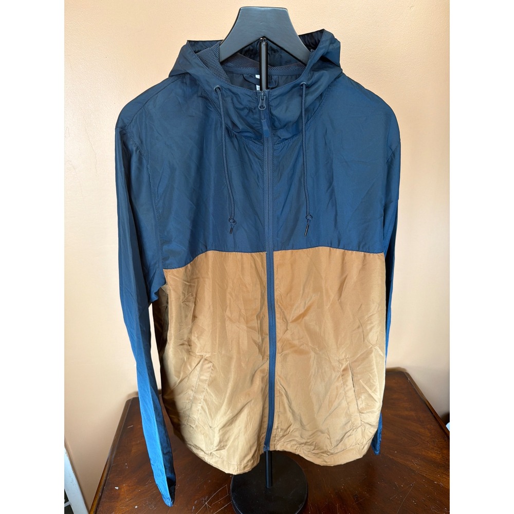 Navy Blue and Tan Colorblock Full Zip Hooded Windbreaker Jacket Large RN‎ 99052
